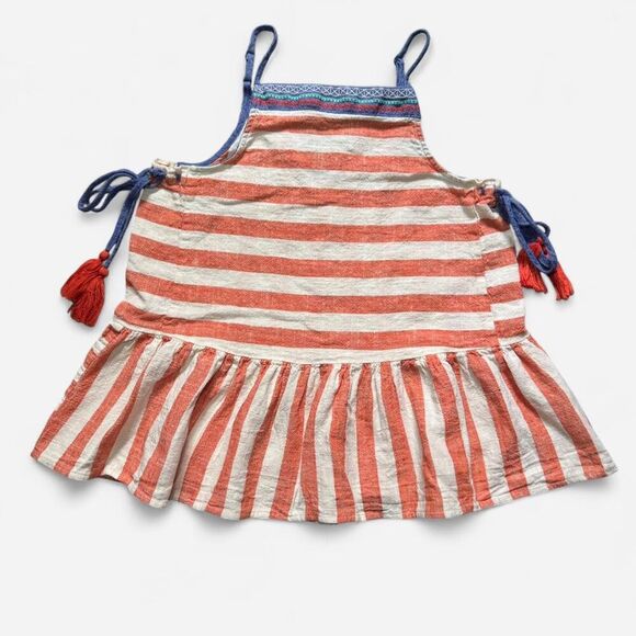 THML Tops - Coral and White Striped Babydoll top with Blue Detailing and Side Ties (Size S)